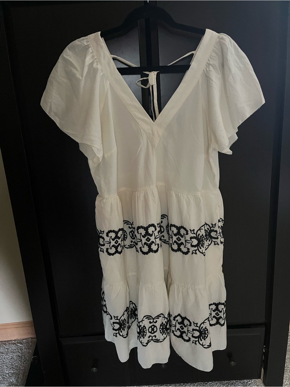 Women’s Ivory V-Neck Tiered Dress with Black Floral Embroidery